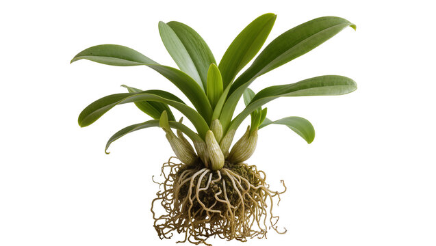Isolated healthy vibrant green tropical plant showing its intricate root system and fresh leaves