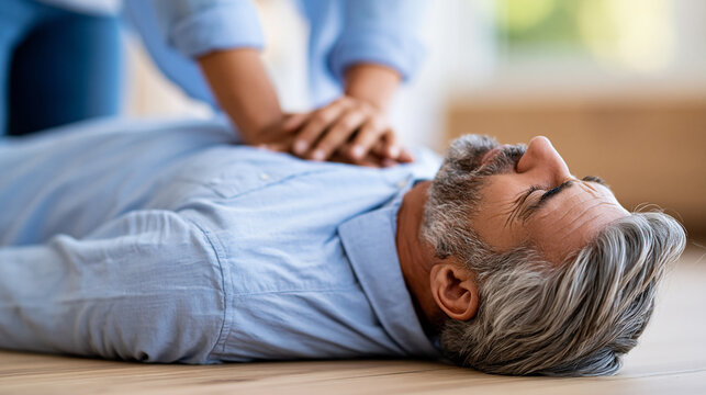 Anonymous person performing CPR chest compressions on an unconscious man during an emergency heart attack response, life-saving resuscitation concept, faceless, defocused, with