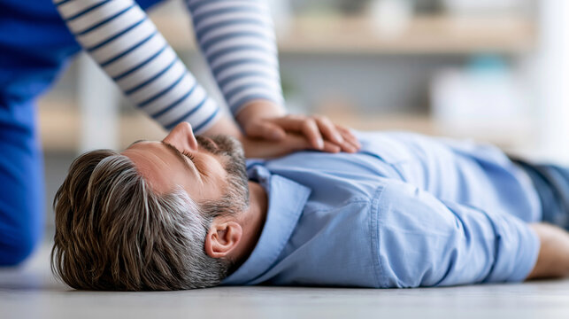 Anonymous person performing CPR chest compressions on an unconscious man during an emergency heart attack response, life-saving resuscitation concept, faceless, defocused, with