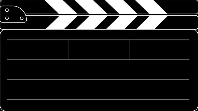 Animated movie clapperboard overlay on a chroma key green screen. Features a comic book style explosion effect on the opening clap, a 4-second freeze pause for custom text or logo placement, a scale-d