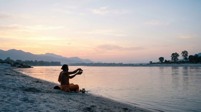 Hindu man performing tarpan ritual during Mahalaya Amavasya festival at riverbank, with serene water and mountains in the background at dawn