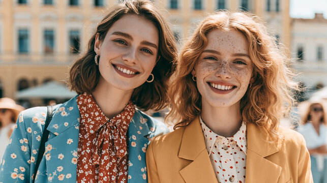 Two young beautiful smiling English women suits outdoors on a sunny day