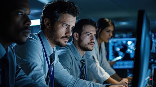 Multiethnic software developers working at night in tech office.