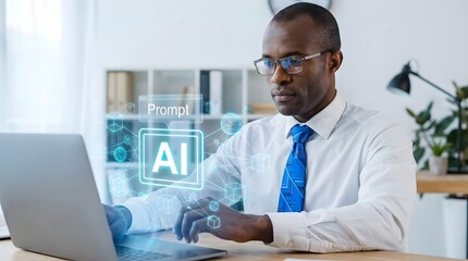 Fototapeta premium Professional Black man interacting with AI prompt on laptop in a modern office, showcasing future technology and smart solutions.