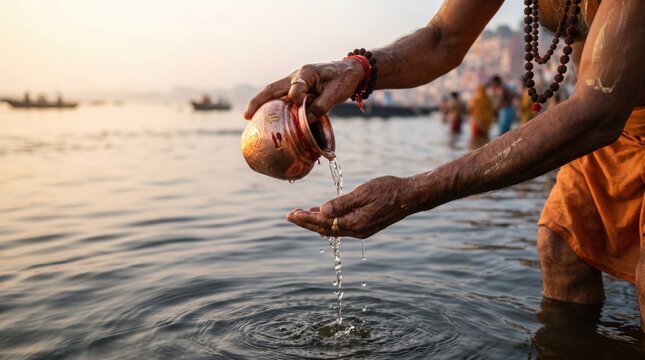 Hindu priest performing tarpan ritual during Mahalaya Amavasya festival, pouring water from a clay pot into the sacred river at sunrise