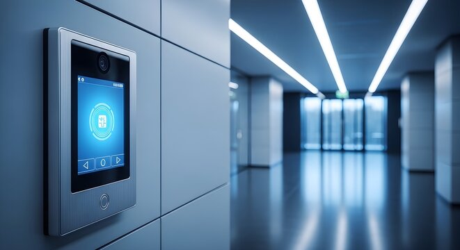 Biometric access control panel on wall in modern office hallway. Digital security system for smart building entry.