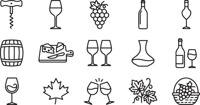 Also transparent background, black and white, line of wine, grapes, barrel, cheese, and decorative floral