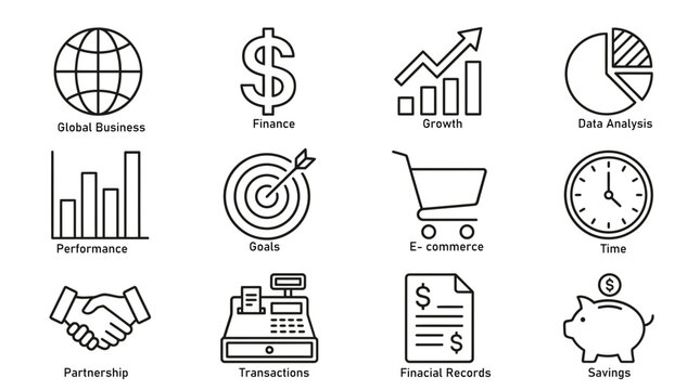 Financial business icons Line style Pictograms On Black Background