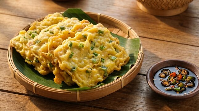 Professional close-up of crispy Indonesian tempeh mendoan with spicy s