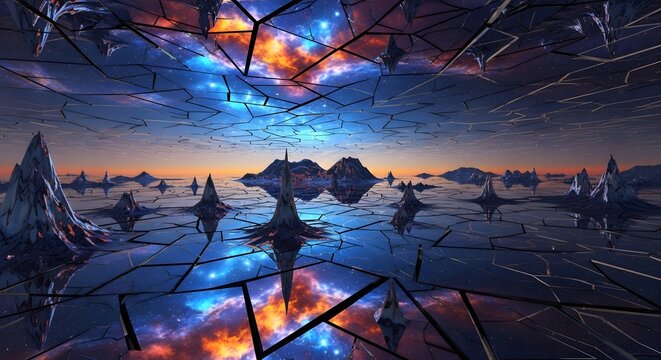 Shattered reflection landscape cosmic sky and fractured terrain digital art