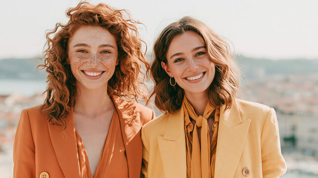 Two young beautiful smiling Turkish women posing summer suits outdoors on a sunny day