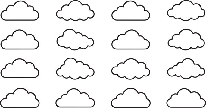 Set of sixteen hand-drawn, also transparent background, black and white, cloud outlines in, four varied shapes