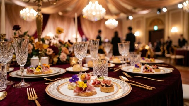 Luxury indoor wedding reception banquet table set with crystal glasses, fine china plates presenting elegant hors d'oeuvres, candles, and a grand chandelier background.