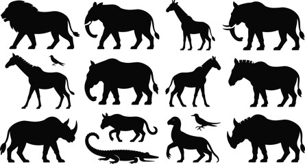 Animal silhouettes lion mammoth giraffe horse rhino bird crocodile prehistoric wildlife black vector illustration nature design collection for stock © MOSTSHAHANAJ