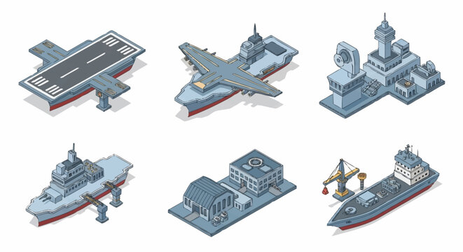 Isometric illustration of various military and naval ships and bases.