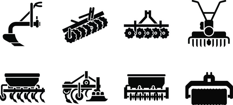 Black silhouettes of various farming and gardening tools, including plows, cultivators, and seeders farming tools
