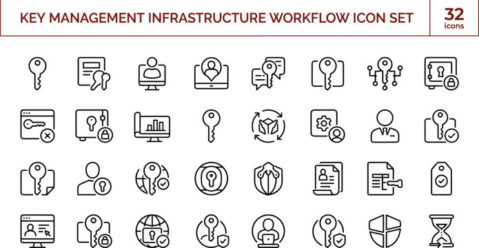 Key Management Infrastructure Workflow Icon Set Featuring Encryption Security Governance Access Control and Identity Protection