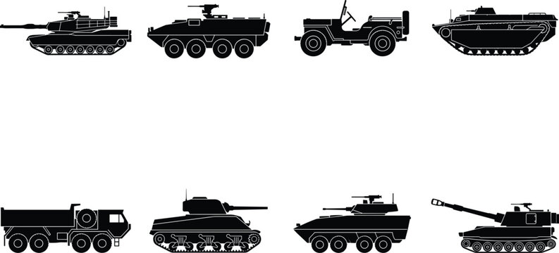 Set of military vehicle black silhouettes including main battle tank armored personnel carrier jeep amphibious vehicle logistics truck and self propelled artillery