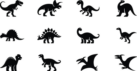 Naklejka premium Dinosaur silhouettes T‑rex Triceratops Velociraptor Stegosaurus Brachiosaurus Pteranodon prehistoric creatures black vector illustration nature design collection