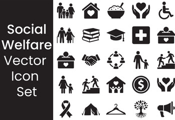 Fototapeta premium Social services icons, grouping people, children, housing, helping hand, community center.