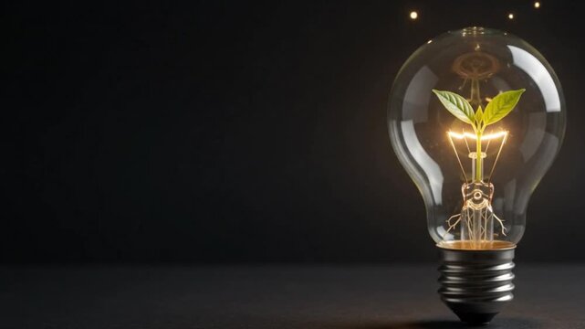 Edison light bulb resting on matte surface, inside the bulb green seedling growing sustainability