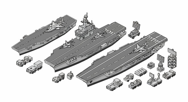 Detailed 3D model of military aircraft carrier and support vessels.