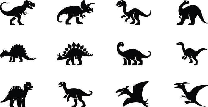 Dinosaur silhouettes T‑rex Triceratops Velociraptor Stegosaurus Brachiosaurus Pteranodon prehistoric creatures black vector illustration nature design collection