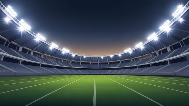Spectacular football stadium full of spectators expecting an evening match on the grass field, view from the player level. Sport category 3D illustration.