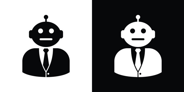 Professional robot businessman avatar icon in a suit and tie. Set contains distinct black and white minimalist styles, ideal for corporate AI, automated management, and digital assistant logos.