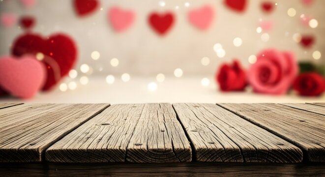 Rustic wooden backdrop with red hearts illuminated by romantic bokeh lights.