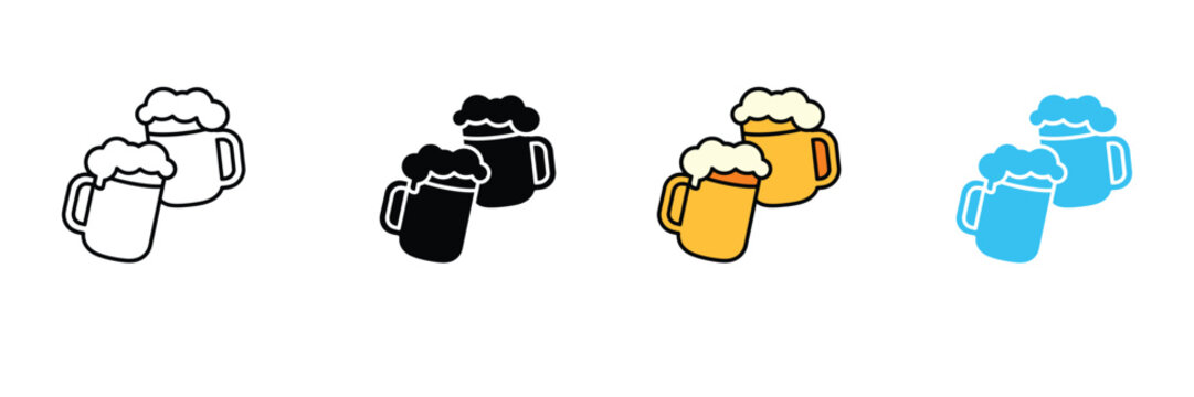 Cheers beer mugs icon set, clinking foam glass pint icon, bar pub alcohol drink celebration toast party symbol vector illustration