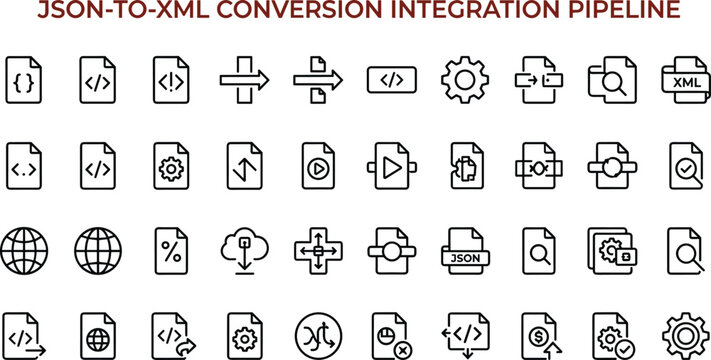 JSON to XML Conversion Integration Pipeline Icon Set Featuring Data Transformation Mapping Validation and System Interoperability