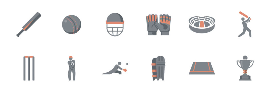 Flat Cricket Icon Set - Equipment and Gameplay Elements in Gray and Orange