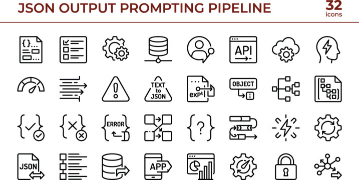 JSON Output Prompting Pipeline Icon Set Featuring Structured Data Transformation Validation Automation and API Integration