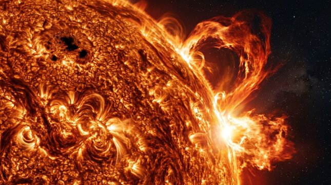 Detailed illustration of solar activity, fiery sunspots, and coronal mass ejection in deep space