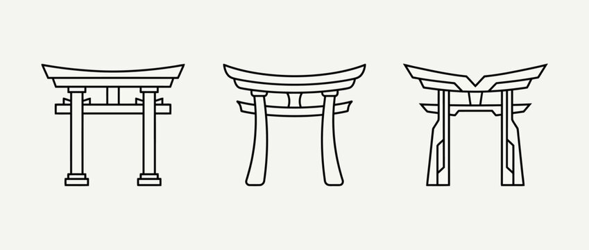 Line art illustrations of three distinct traditional japanese torii gate styles on a plain background