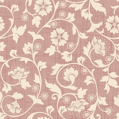 Obraz premium Cute floral seamless pattern with linen texture. Flower vector illustration background. Print in rustic vintage style, textile or wallpapers.