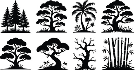Fototapeta premium Tree silhouette vector illustration, forest artwork design, bamboo cluster graphic, palm tree icon, nature outline art, environmental landscape concept