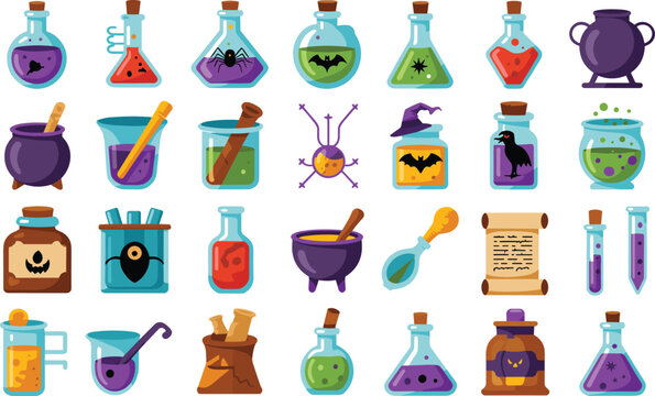 Halloween alchemy potion bottle collection with magic elixirs and spooky poison mixtures