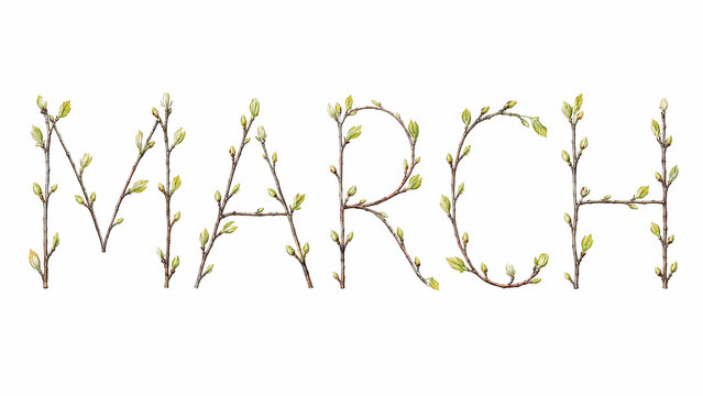 March Word Made of Branches and Leaves