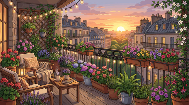 Cozy flower-filled balcony in Paris at sunset with comfortable seating, warm string lights, and lush potted plants. Perfect for lifestyle, travel, and home decor concepts.