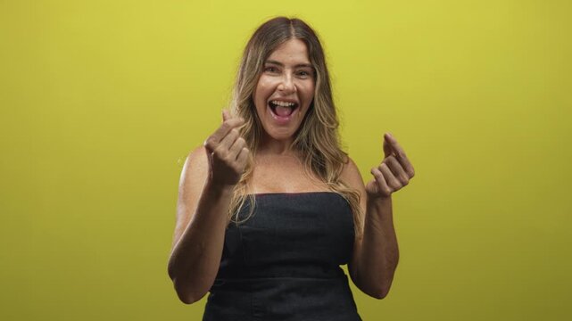 Woman smiling and making finger heart gesture with fingers and hands, strapless dress against yellow studio wall; joy affection.