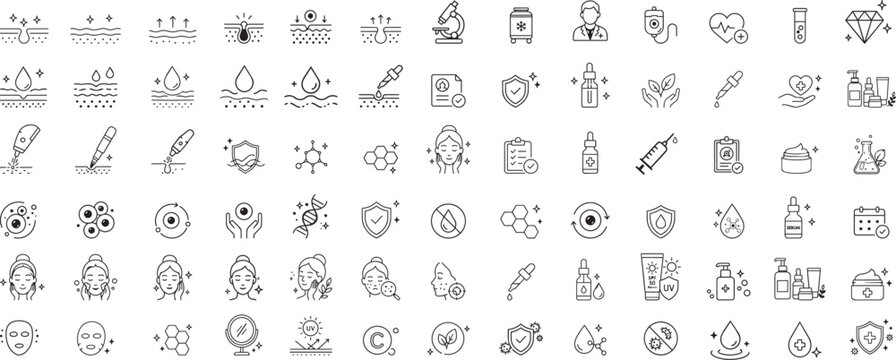 Beauty and Skincare Line Icons Set, Skin Care Treatment, Cosmetic Clinic, Dermatology, Serum, Facial Care, Medical Aesthetic Vector Collection