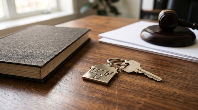 House keychain with book, wooden gavel for real estate legal service or home insurance