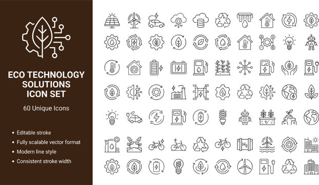 Eco Technology Solutions Icon Set Featuring Renewable Energy Sustainability Environmental Innovation and Smart Green Infrastructure