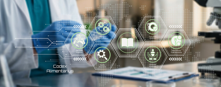 Modern digital illustration showing Codex Alimentarius connected with food safety technology and laboratory research elements