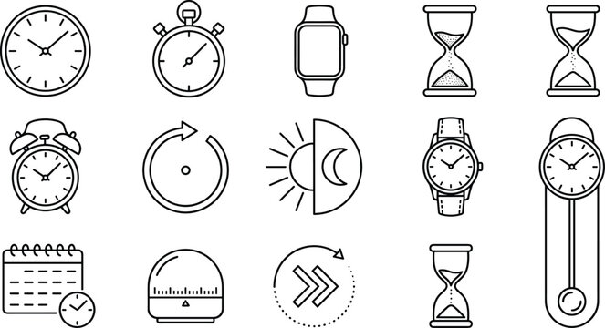 Time management and clock line icon set featuring stopwatch smartwatch hourglass alarm clock calendar wristwatch grandfather clock and countdown timer vector illustration