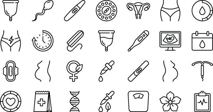Women health and menstrual cycle line icon set featuring period cup tampon pregnancy test uterus ultrasound birth control pills and IUD contraception vector illustration