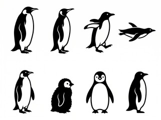 Fototapeta premium Set of black silhouette icons showing penguins standing and walking naturally