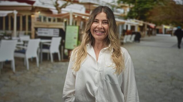 Woman smiling showing teeth with long hair and casual white shirt, standing center frame on a cobblestone pedestrian street beside outdoor cafe chairs and menu board; urban leisure joy.